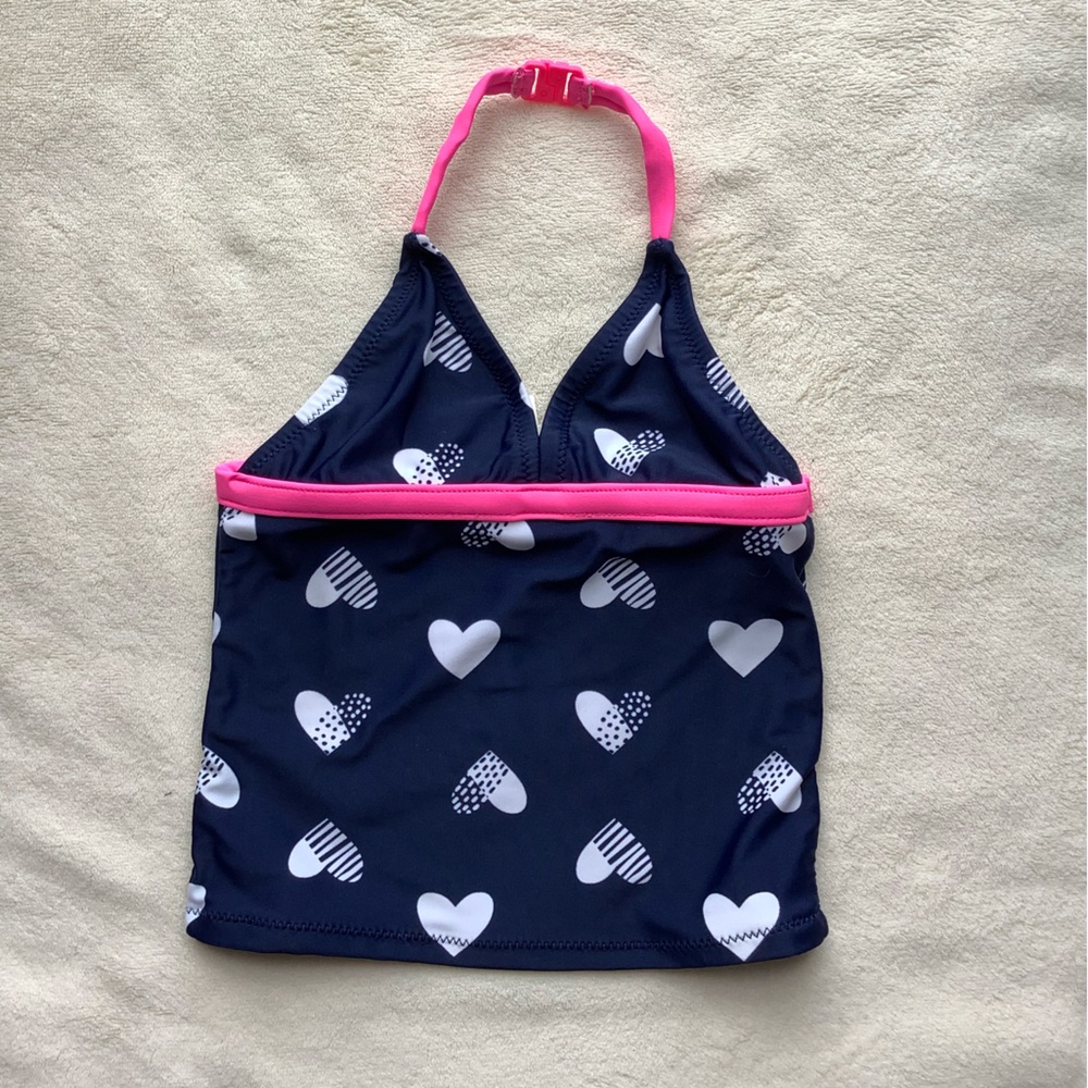 Oshkosh Girls Dark Blue with White Hearts and Pink Trim Swim Top 2T